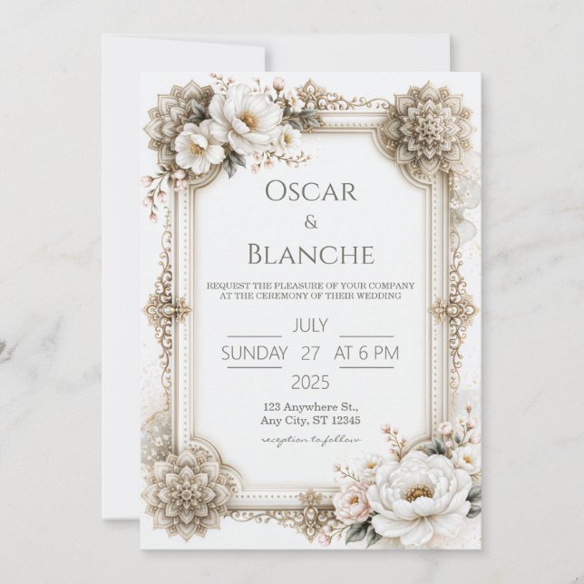 Ivory Floral Mandala Frame Wedding Invitation (Front)