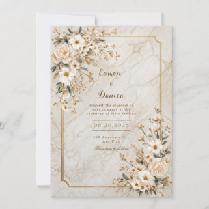 Ivory Floral Marble Gilded Frame Wedding Invitation