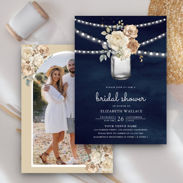 Ivory Floral Mason Jar Photo Navy Bridal Shower Invitation (Creator Uploaded)