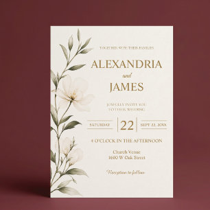 Ivory Floral Minimalast With Gold Wedding Invitation
