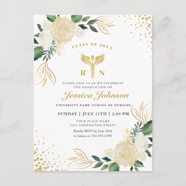 Ivory Floral Nursing School Graduation Invitation Postcard (Front)