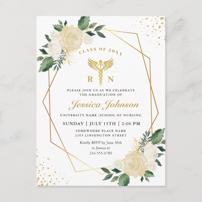 Ivory Floral Nursing School Graduation Invitation Postcard (Front)