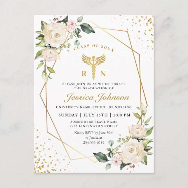 Ivory Floral Nursing School Graduation Invitation Postcard (Front)
