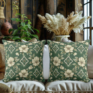 Ivory Floral on Emerald Background Cushion
