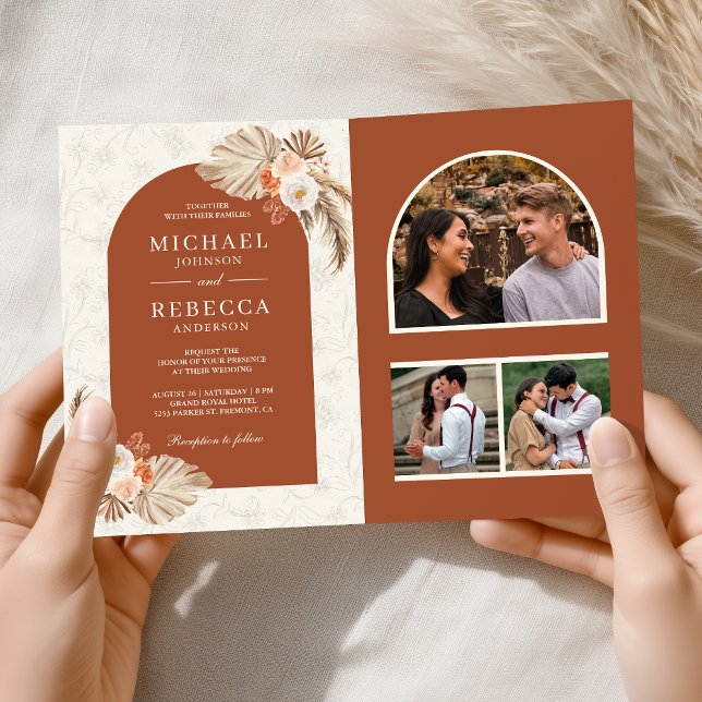 Ivory Floral Pampas Terracotta QR Code Wedding Invitation (Creator Uploaded)