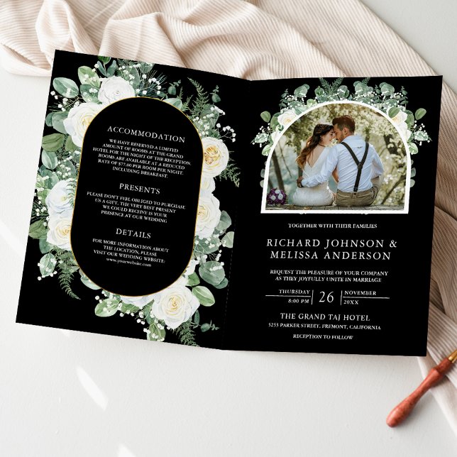 Ivory Floral Photo Black QR Code Wedding Invitation (Creator Uploaded)