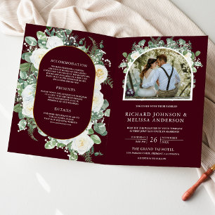 Ivory Floral Photo Burgundy QR Code Wedding Invitation