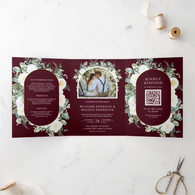 Ivory Floral Photo Burgundy QR Code Wedding Tri-Fold Invitation (Inside)