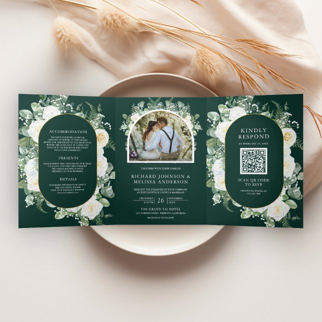 Ivory Floral Photo Emerald Green QR Code Wedding Tri-Fold Invitation (Creator Uploaded)