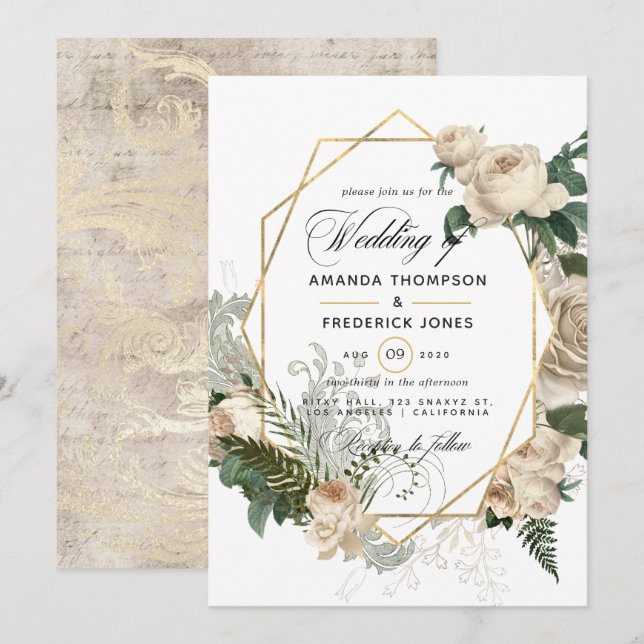 Ivory Floral Polygonal Rustic Wedding Invitation (Front/Back)