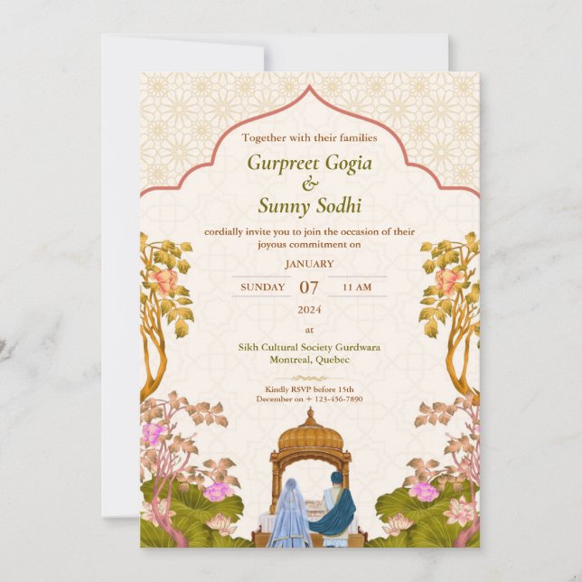 Ivory Floral Punjabi Sikh Wedding Invitation (Front)