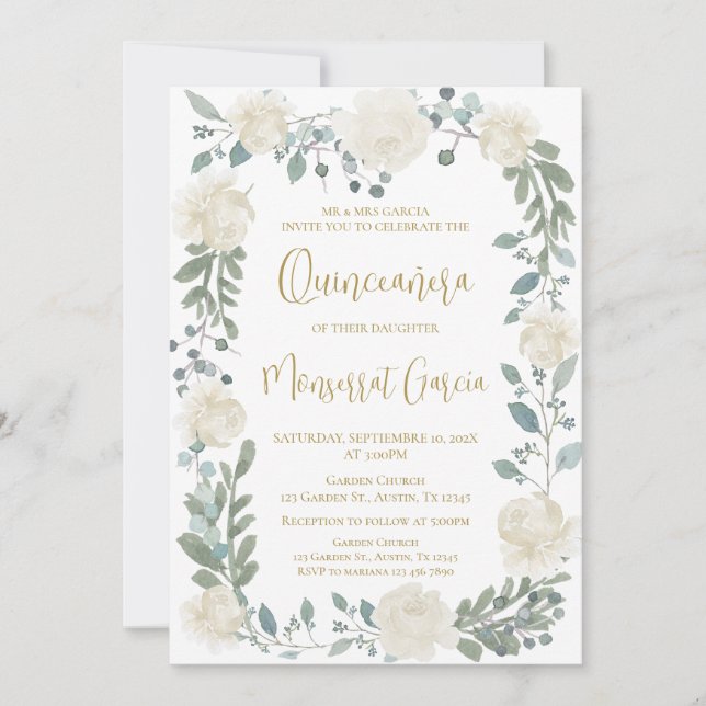 Ivory Floral Quinceñera Invitation (Front)