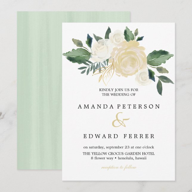 Ivory Floral  Roses bouquet wedding mint Invitation (Front/Back)