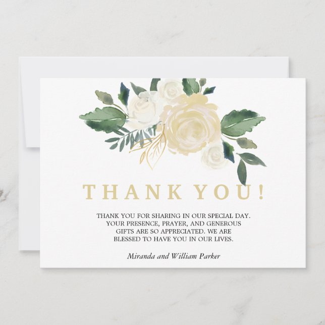 Ivory Floral Roses bouquet wedding Thank you photo Card (Front)