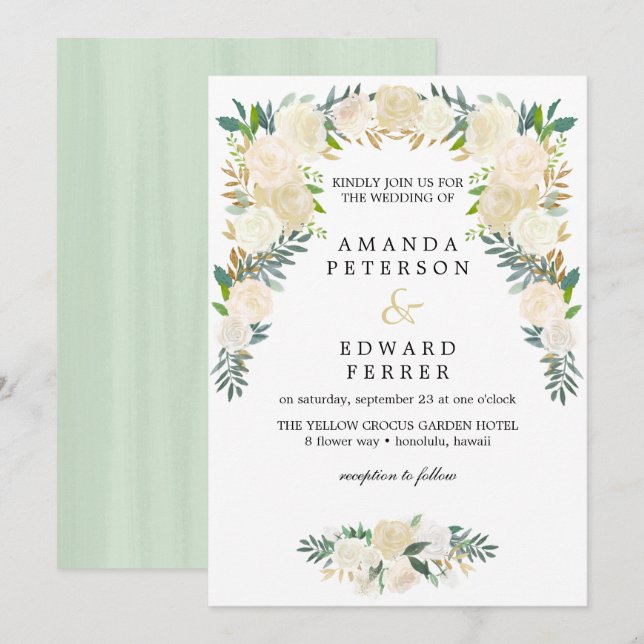 Ivory Floral  Roses Garland wedding blush mint Invitation (Front/Back)