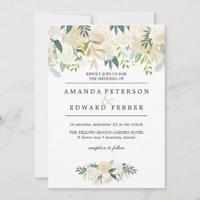 Ivory Floral  Roses Greenery wedding blush pink Invitation (Front)