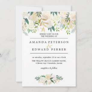 Ivory Floral Roses Greenery wedding blush pink Invitation