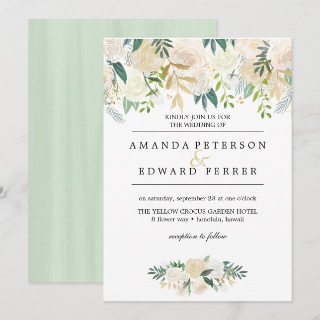 Ivory Floral  Roses Greenery wedding mint Invitation (Front/Back)