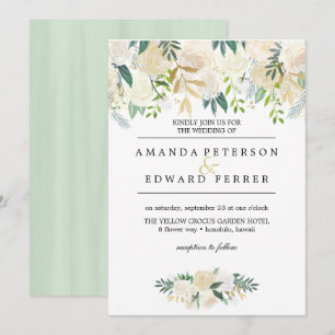Ivory Floral Roses Greenery wedding mint Invitation