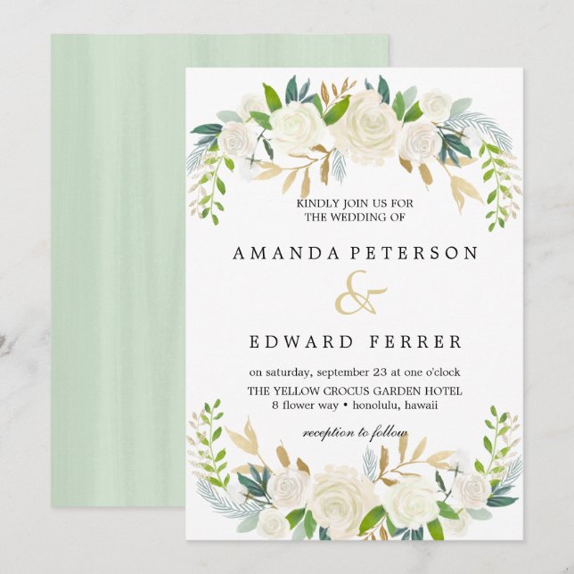 Ivory Floral  Roses  wedding Mint Invitation (Front/Back)