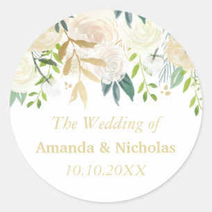 Ivory Floral Roses  wedding personalised Classic Round Sticker