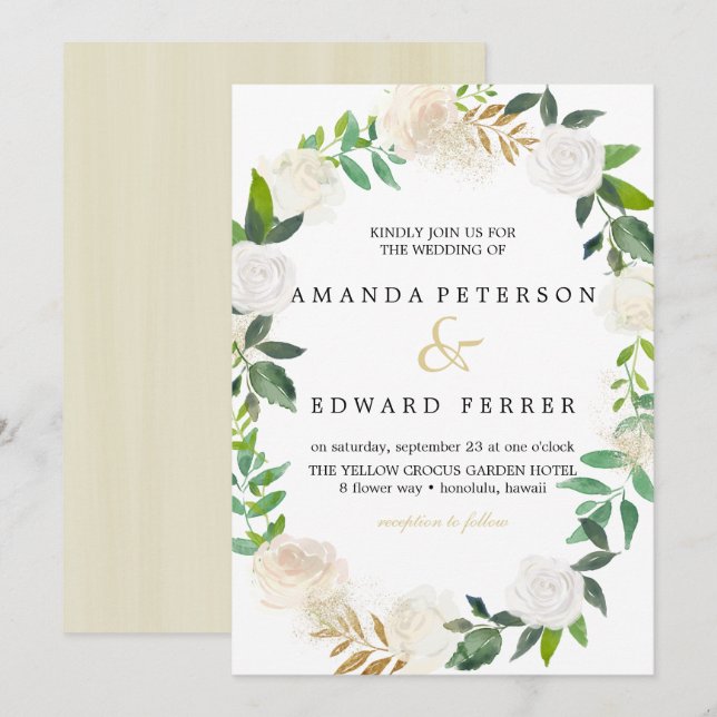 Ivory Floral  Roses wreath wedding blush pink Invitation (Front/Back)