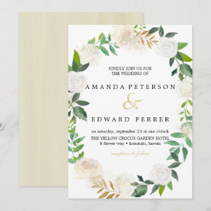 Ivory Floral  Roses wreath wedding blush pink Invitation