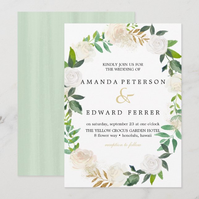 Ivory Floral  Roses wreath wedding mint Invitation (Front/Back)
