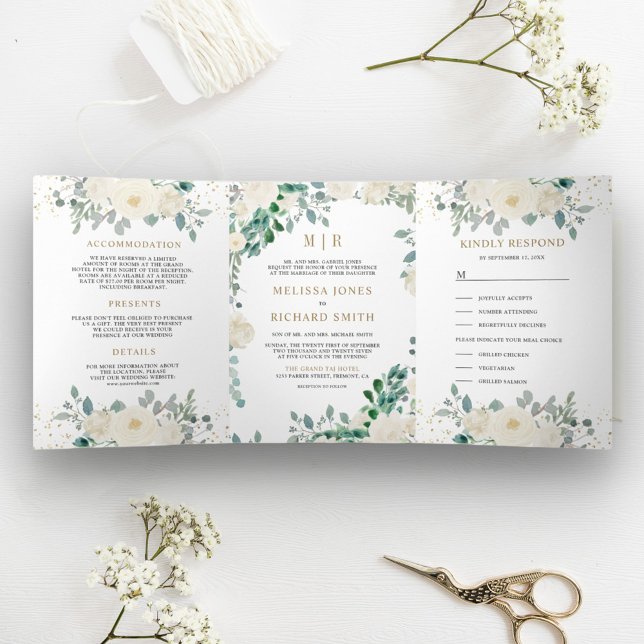 Ivory Floral Sage Green Leaves All in One Wedding Tri-Fold Invitation (Creator Uploaded)
