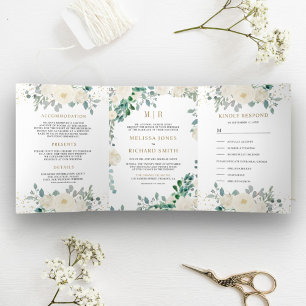 Ivory Floral Sage Green Leaves All in One Wedding Tri-Fold Invitation