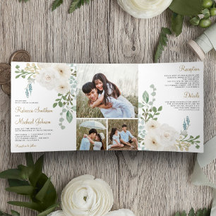 Ivory Floral Sage Green Leaves Photo Wedding Tri-Fold Invitation