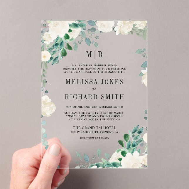 Ivory Floral Sage Green Leaves Wedding Acrylic Invitations (Insitu (Handheld))