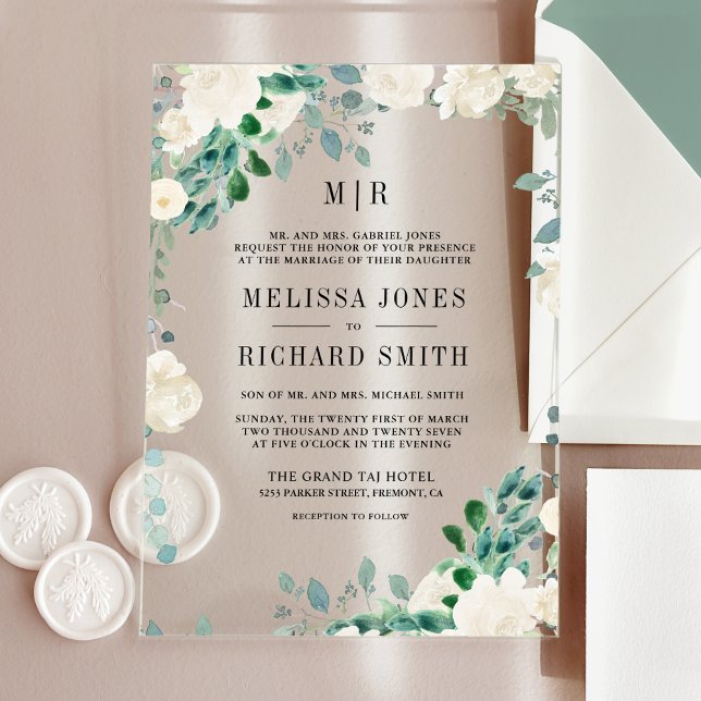 Ivory Floral Sage Green Leaves Wedding Acrylic Invitations (Creator Uploaded)
