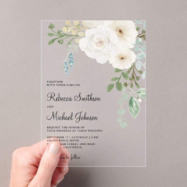 Ivory Floral Sage Green Leaves Wedding Acrylic Invitations (Insitu (Handheld))