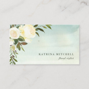 Ivory Floral Soft Green Watercolor Business Card