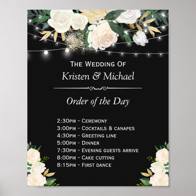 Ivory Floral String Lights Order of The Day Sign (Front)