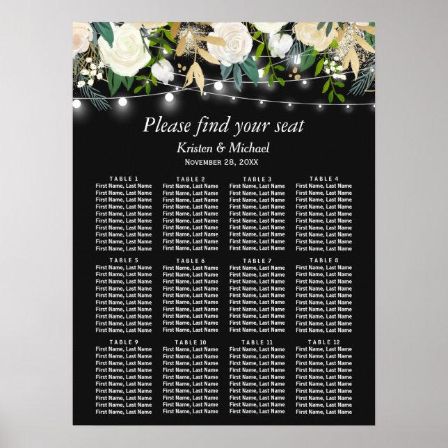Ivory Floral String Lights Wedding Seating Chart (Front)