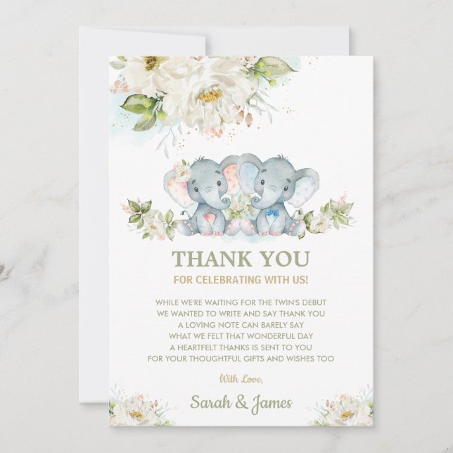 Ivory Floral Twins Boy Girl Elephant Baby Shower Thank You Card (Front)