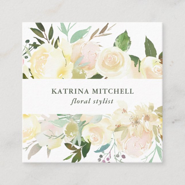 Ivory Floral Watercolor Square Business Card (Front)