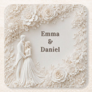 🤍 Ivory Floral Wedding Silhouette Frame🤍 Square Paper Coaster