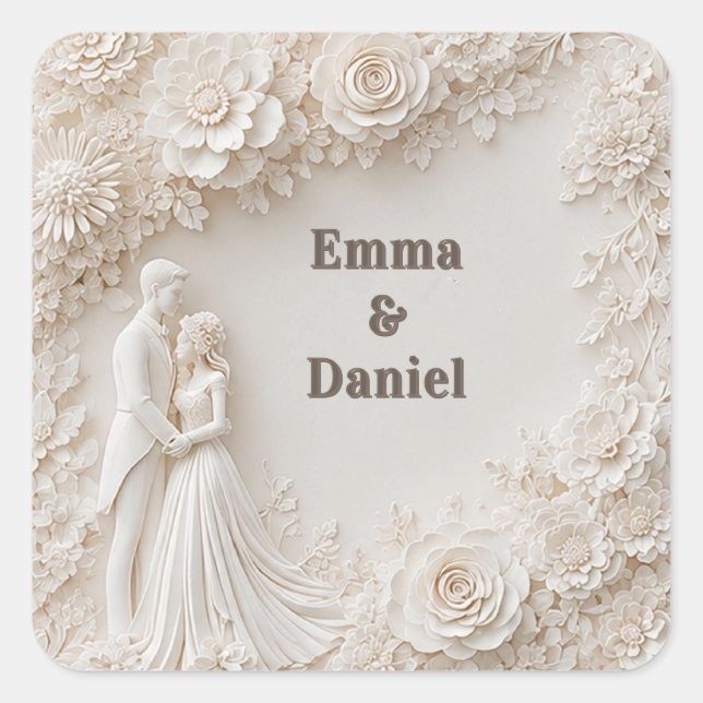 🤍 Ivory Floral Wedding Silhouette Frame🤍 Square Sticker (Front)