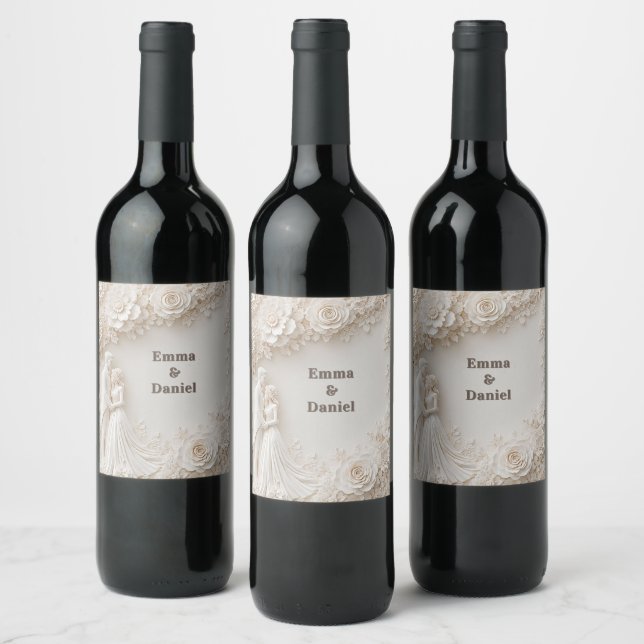 🤍 Ivory Floral Wedding Silhouette Frame🤍 Wine Label (Bottles)
