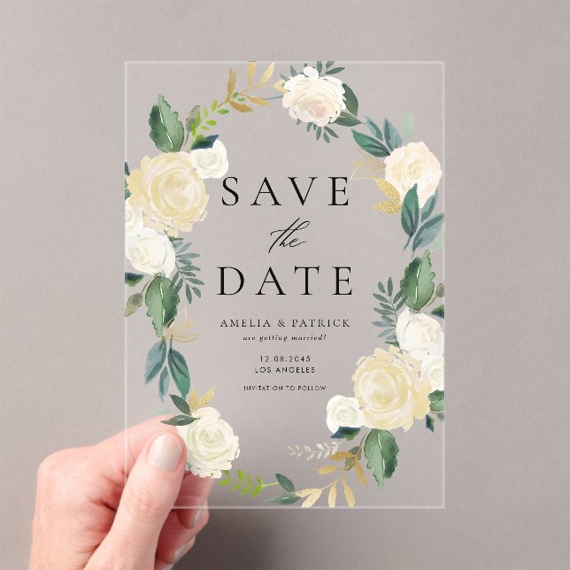 Ivory Floral Wreath with Faux Foil Save the Date Acrylic Invitations (Insitu (Handheld))