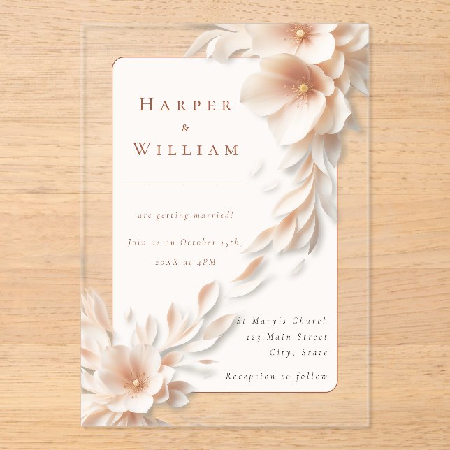 ivory florals flowing acrylic wedding invitation (Front)