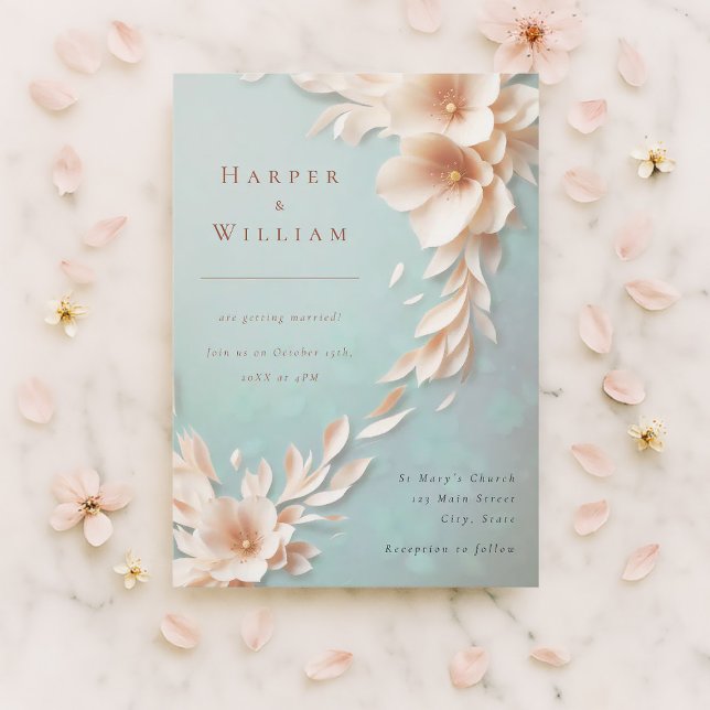 ivory florals flowing wedding invitation (Romantic spring wedding invitation with blush florals on pastel—perfect for elegant couples.)