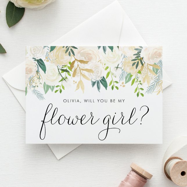Ivory Flowers and Greenery Be My Flower Girl Invitation (Will you be my flower girl? Floral Flower Girl Proposal Card featuring watercolor ivory flowers.)