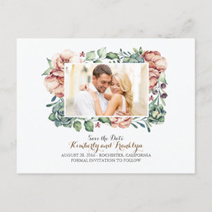 ivory flowers and succulents photo save the date announcement postcard