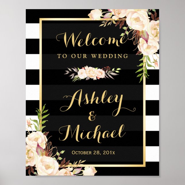 Ivory Flowers Black White Stripe Wedding Sign (Front)