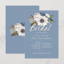 Ivory flowers on blue bridal shower invitations