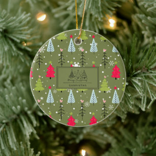 Ivory Forest Green French Country Winter Toile Ceramic Tree Decoration